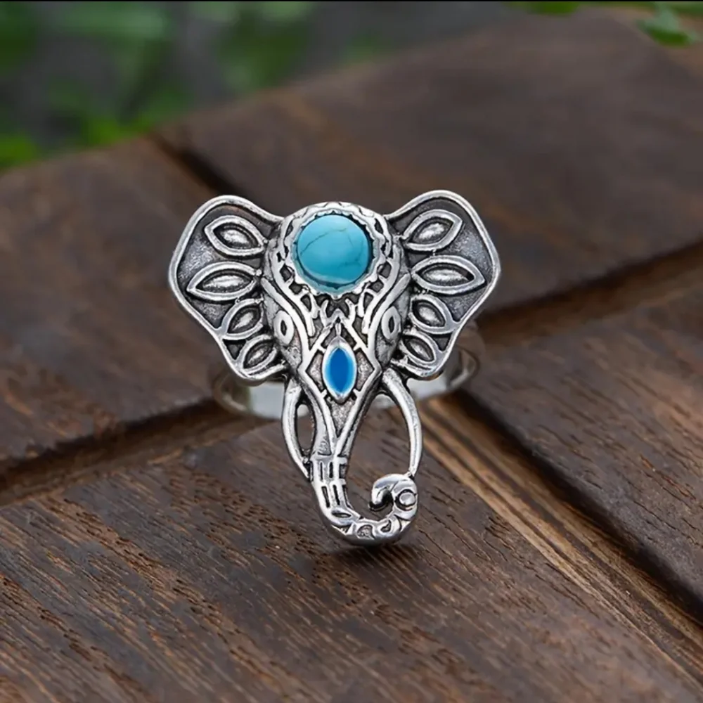 Bohemian Elephant Ring with Turquoise Accent Silver‎ Plated Adjustable Open Band